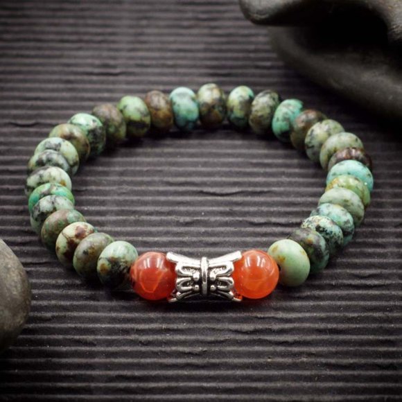 African Turquoise and Fire Agate Stretch Bracelet - Handmade to Order - Picture 1 of 2